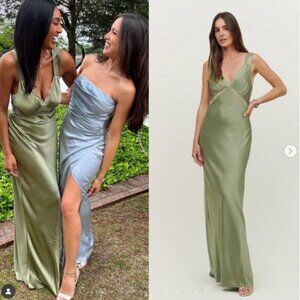 NWT Reformation Chania Silk Maxi Dress - Artichoke Green Lace Cocktail Wedding